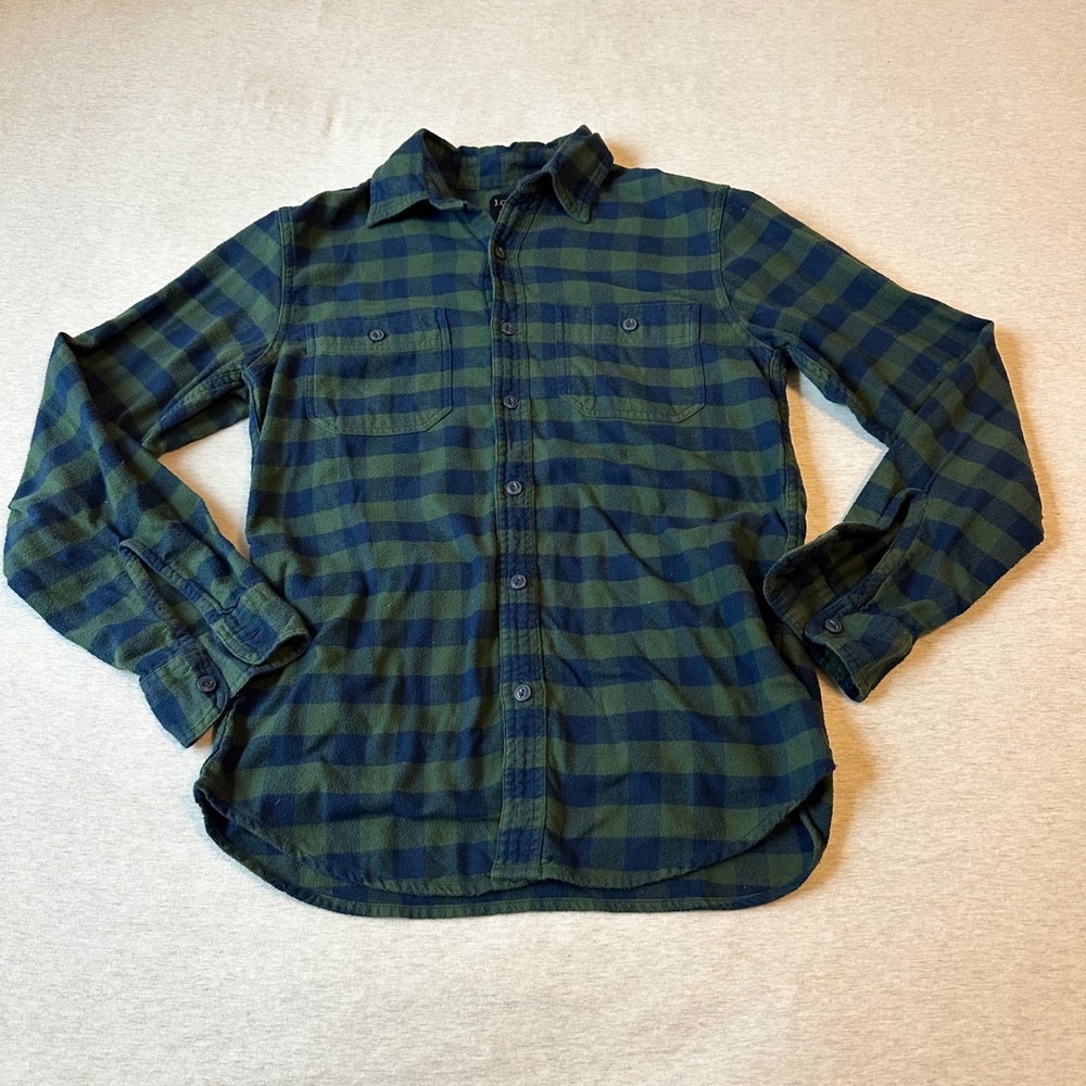 J.Crew Mens Flannel Shirt Small Green Navy Blue Buffalo Check Plaid‎ Cotton S
